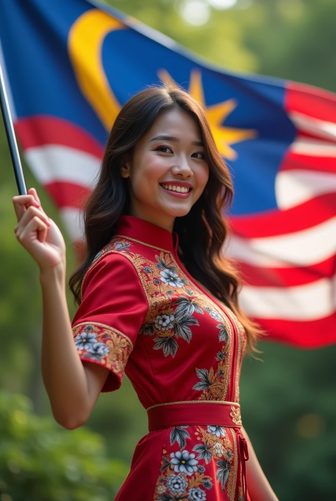 A 20 years old girl waving Malaysian's flag while wearing Kebaya outfit.