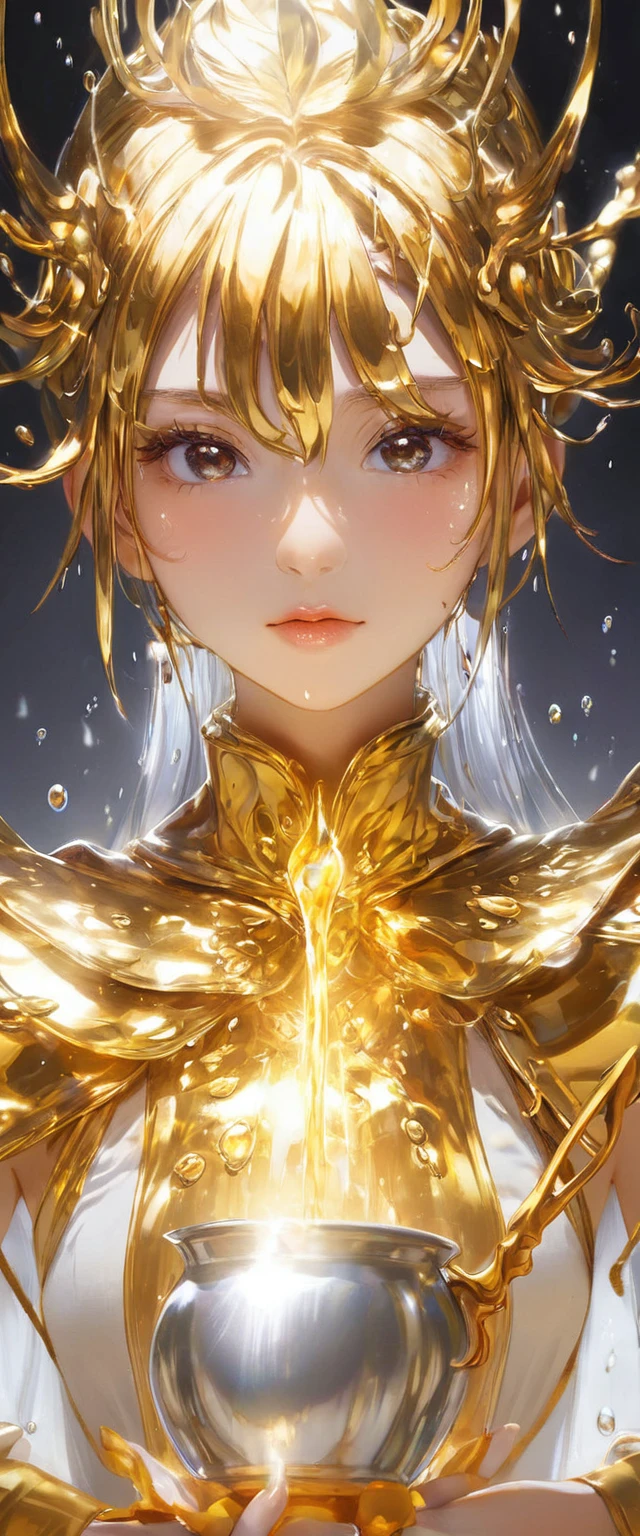 One Girl, Female gold spirit, Metal Hair, Mercury boiling inside, Put a few drops of mercury on the skin,