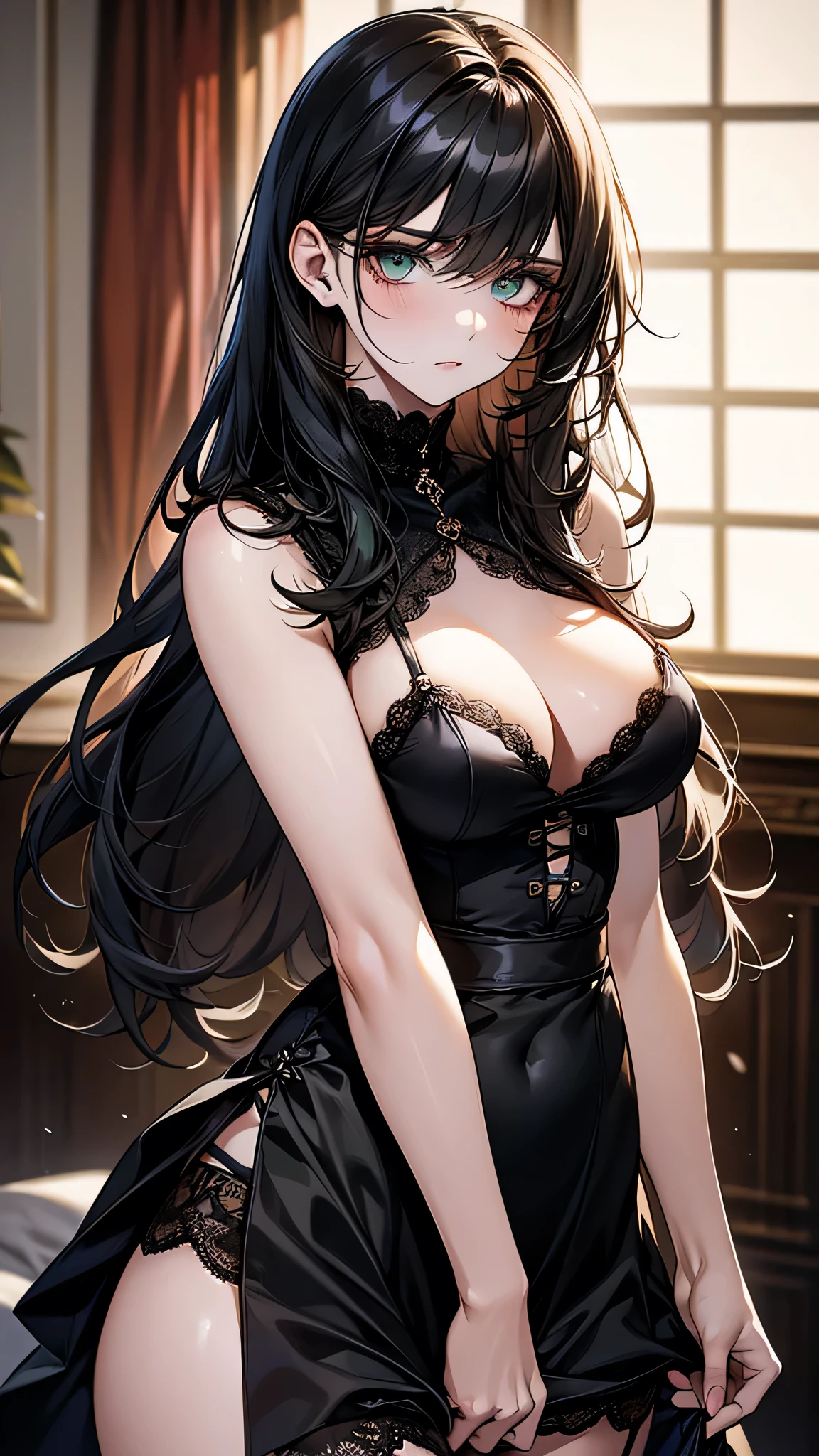 4K resolution,((Highest quality)),Ultra-high resolution,young woman, alone, y, (sad look), (Dark green eyes), Beautiful and symmetrical face, (Long, messy black hair down to her waist),Gothic dress with a large bust,garter belt,Realistic:1.4,Realistic:1.4,(masterpiece:1.2),Perfect Eyes,Perfect Eyes,Perfect Legs,Indoors at night,Ample brerfect thighs,Perfect Legs,slave