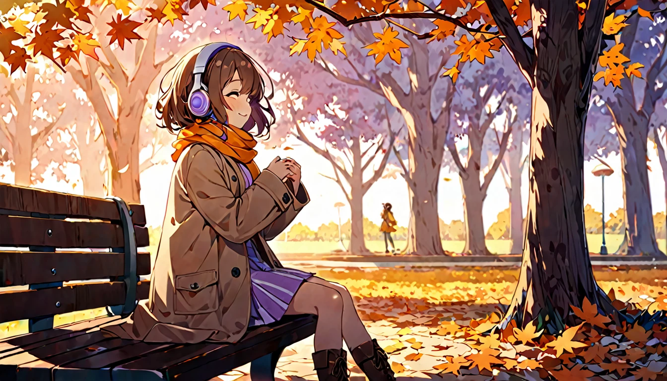 background:At dusk in autumn、公園内の並wood道。The orange and purple sky、wood々It casts a soft shadow on the leaves and ground.。
expression:Taking a deep breath、Smiling with satisfaction。
Costume:Light brown coat、Soft scarf、A simple skirt and、Wearing boots。
Pause:Relaxing on a park bench、Stretch your legs、Leaning lightly against the backrest。Both hands are folded lightly on the lap。
scene:In the quiet park、There's hardly anyone there except her.。wood々The sunset seen from between、Spreading warm light all around、It creates a calm and tranquil atmosphere。
(Brown haired woman wearing headphones), (A walk in the park at dusk), (Very detailed, masterpiece, Highest quality, bright), (Anime Style)。