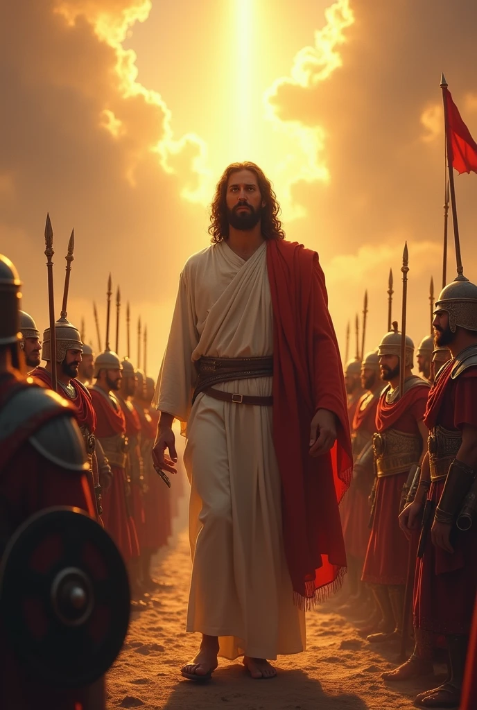 Jesus Christ Almighty among the Roman exercises where the sun's rays illuminate the scene and the Roman army is afraid of the power of Jesus