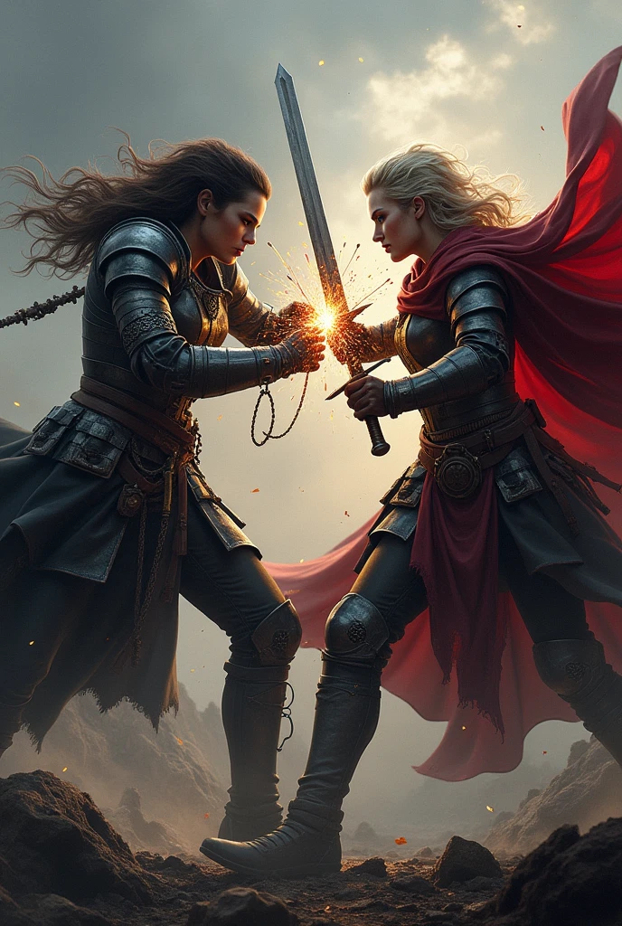 A dramatic and intense depiction of a clash between Lady Isolde Thorne and Lady Althea Voss in a dark fantasy setting. The scene captures the moment when the two fierce warriors engage in combat. Isolde, clad in her worn but battle-ready armor, wields her sword with deadly precision, her face a mask of determination and fury. Althea, in her dark, blood-red-trimmed Obsidian Guard armor, meets Isolde’s attack head-on, her expression cold and calculating. Their swords clash with a burst of sparks, the force of their strikes sending shockwaves through the air. The background is a shadowy battlefield, with remnants of a fierce battle surrounding them, adding to the intense atmosphere. The art style is realistic, focusing on the tension, power, and emotion of the confrontation between these two formidable characters.