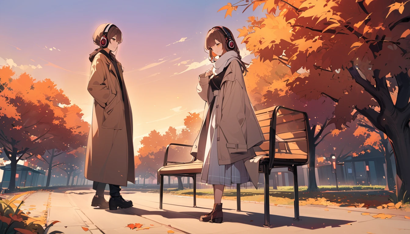 background:At dusk in autumn、公園内の並wood道。The orange and purple sky、wood々It casts a soft shadow on the leaves and ground.。
expression:Taking a deep breath、Smiling with satisfaction。
Costume:Light brown coat、Soft scarf、A simple skirt and、Wearing boots。
Pause:Relaxing on a park bench、Stretch your legs、Leaning lightly against the backrest。Both hands are folded lightly on the lap。
scene:In the quiet park、There's hardly anyone there except her.。wood々The sunset seen from between、Spreading warm light all around、It creates a calm and tranquil atmosphere。
(Brown haired woman wearing headphones), (A walk in the park at dusk), (Very detailed, masterpiece, Highest quality, bright), (Anime Style)。