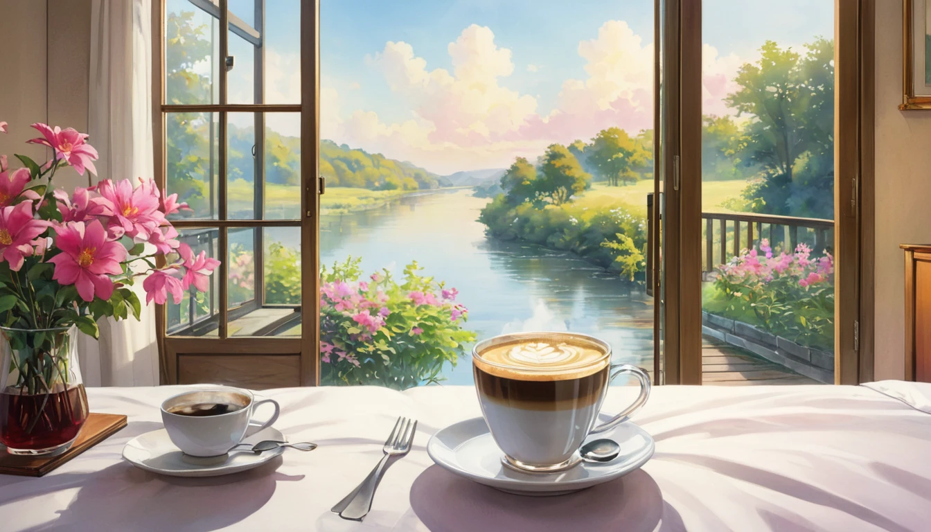 In the bedroom, outside you can see nature, river, water color painting, Ghibli, zoom in on a cup of coffee, no people, there are flowers in the room, there is a large glass door.