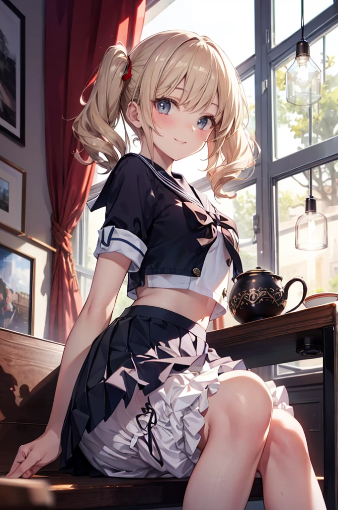 (masterpiece), 4K,beautiful girl,More than one person,Sailor suit,,Small breasts,Small Ass,Curly Twin Tails,Light bulb lighting,Realistic, skinny, Big smile,((,Wear bloomers under your skirt)),Sitting,((Pleated skirt)),Angle from below,Tea time with friends