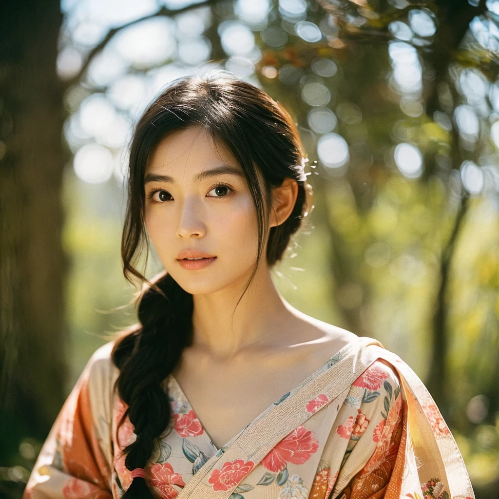 A hyper-realistic image of a single Japanese woman in her early 20s, captured from the shoulders up with the nostalgic warmth and subtle graininess of a film camera. She is wearing a traditional yukata with a vibrant, cute design featuring bold and colorful floral patterns such as cherry blossoms and peonies in shades of pink, red, and lavender, set against a soft pastel background. The obi is elegantly tied with a complementary color, adding a playful touch. The fabric of the yukata appears naturally lightweight, with visible folds and textures that enhance its realism, draping gracefully over her shoulders. Her skin, seen clearly from the shoulders up, has a warm beige tone with a highly realistic, slightly rough texture, showcasing visible pores, fine lines, and minor blemishes, along with subtle unevenness, such as delicate dryness around the cheeks and small natural shadows under the eyes. The lighting is soft and subdued, replicating the gentle, diffused natural light of an overcast day or early evening, creating realistic shadows across her face. These shadows subtly contour her cheekbones, nose, and jawline, adding depth and dimension to her facial features, enhancing the lifelike quality of her skin texture. Her straight, glossy black hair frames her face naturally, slightly tousled, adding to the authenticity of her look. Her deep brown eyes reflect the ambient light, providing depth and a natural, lifelike shine. The film camera effect introduces a noticeable grain and a soft focus, giving the image a warm, nostalgic atmosphere while maintaining the raw, lifelike quality of her skin. The composition is centered solely on her, capturing her serene and understated elegance, focusing closely on the detailed textures of the yukata and the authentic, natural skin texture, with dynamic lighting and shadow play that mimics a real-life photograph.