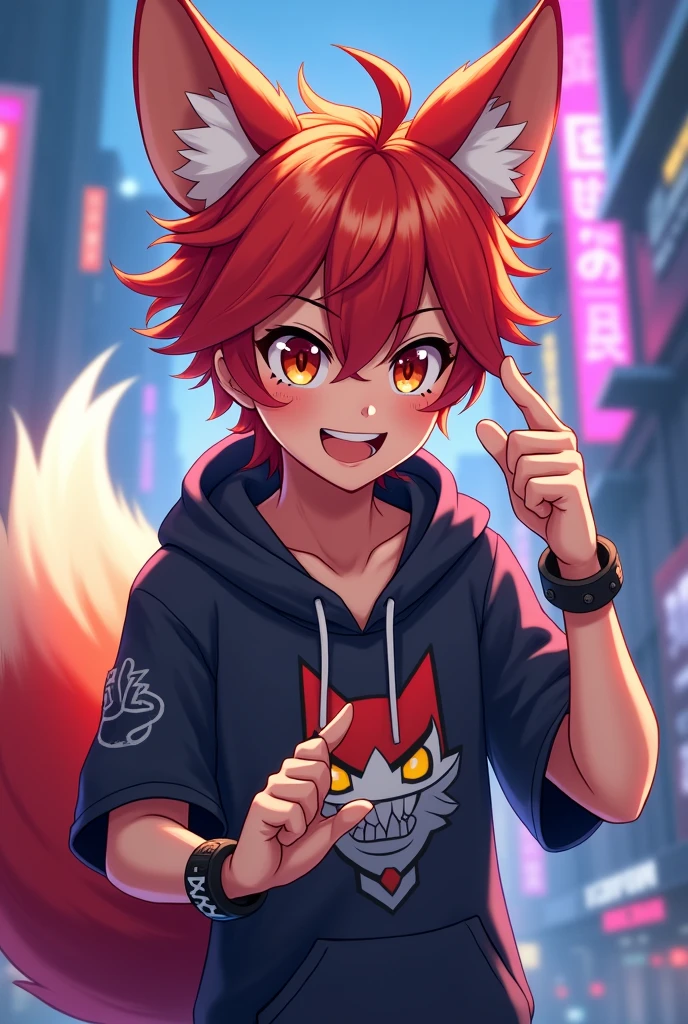 Create an anime character that is a man with a red fox tail and ears who likes video games