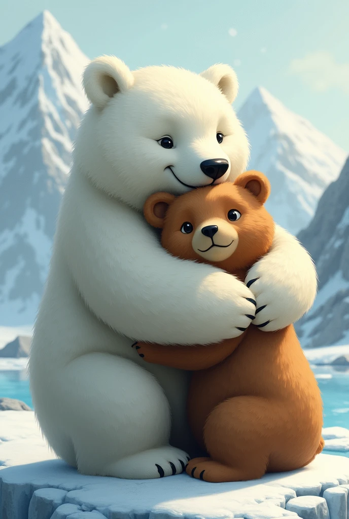 A polar bear and a bear hugging each other 
