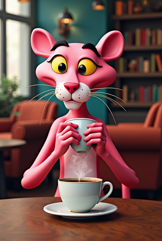Create a 3d painting of pink panther for wall while drinking cofee