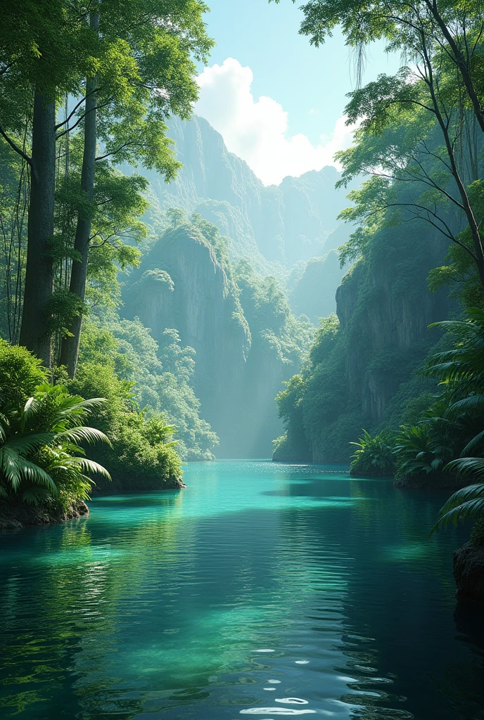 high quality, 8K Ultra HD, A beautifully poreat with jungle, tree , water, please and natural es photo me tota ka photo add karo