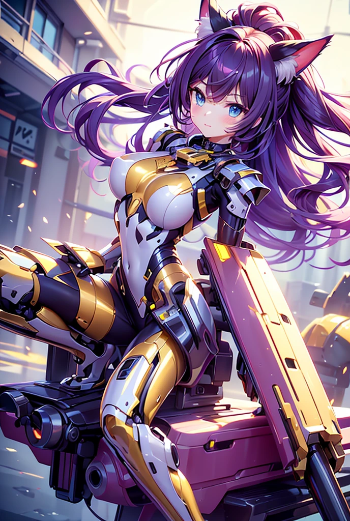 A beautiful girl wearing a high-necked bodysuit that fits snugly up to her neck(20th Generation)Equipped with cat-shaped robot armor Equipped with long claw weapons on arms Long hair with a side tail Hair color: soft gold