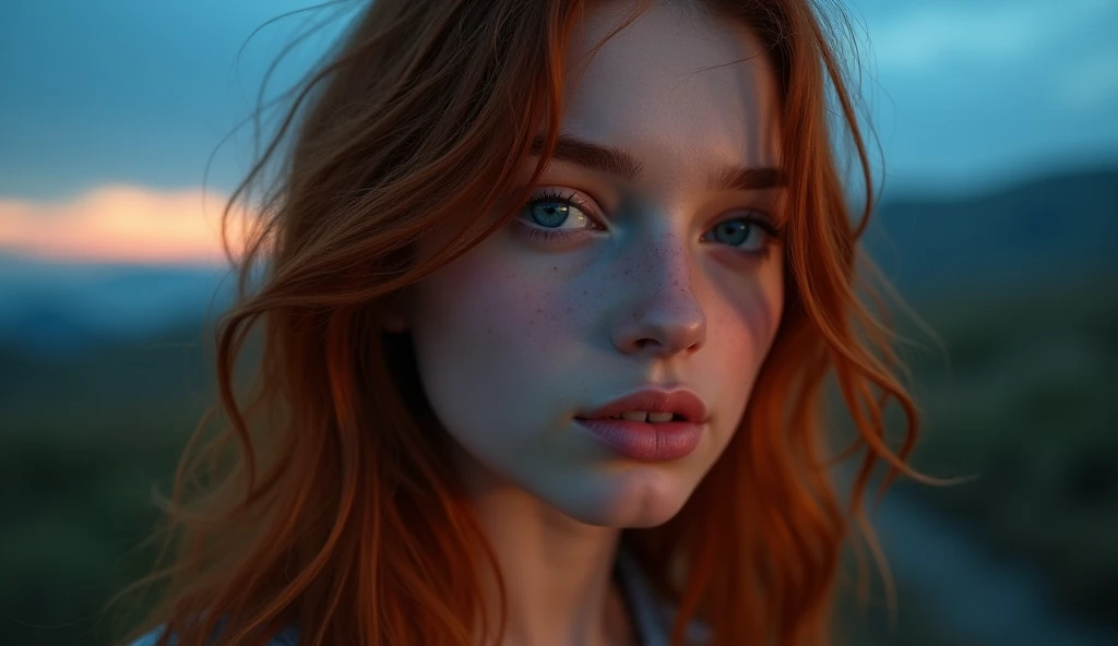 (Mackenzie Foy  adolescente, russet hair,  On open legs:1.5) (long messy hair:1.3), blue colored eyes, detailedeyes, detailed lips, (girl no, sensuous, whole body:1.5), (stunning locations at night with fog and mist, neve:1,3), night photo, (photo from several different angles:1.5), small neckline, ray tracing,(best qualityer,4K,8k,high resolution,work of art:1.2),ultra detali, (realisitic,photorealisitic,photo-realisitic:1.37), HDR, ultra HD, work of art, proffesional, bright coloured, bokeh, studio lighting,NSFW