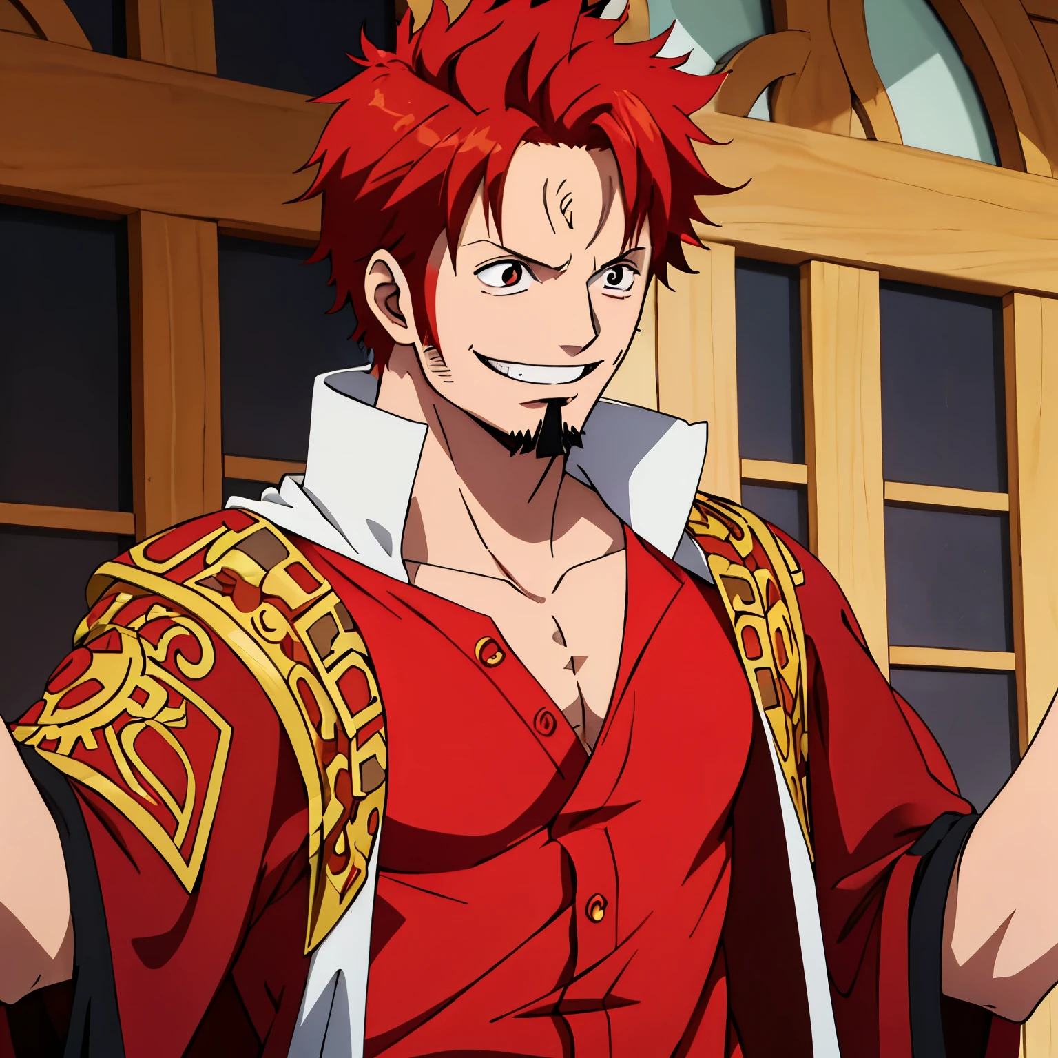 Masterpiece, Best Quality, Ultra-Detailed, one piece style, 1man, 2, ginger hair, red hair, red beard, goatee, looking side, smiling, red shirt, open shirt, golden details on the shirt, black cloak, cloak over the shoulders, portuary background
