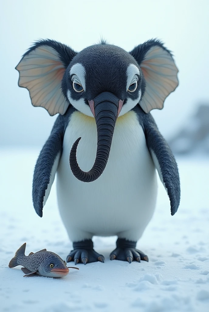 Elephant-Penguin Hybrid: A unique blend featuring the large, sturdy body and trunk of an elephant, but with the sleek, black-and-white feathers and webbed feet of a penguin. It waddles across a snowy landscape with its trunk curling around fish. ultra HD high resolution 4K 