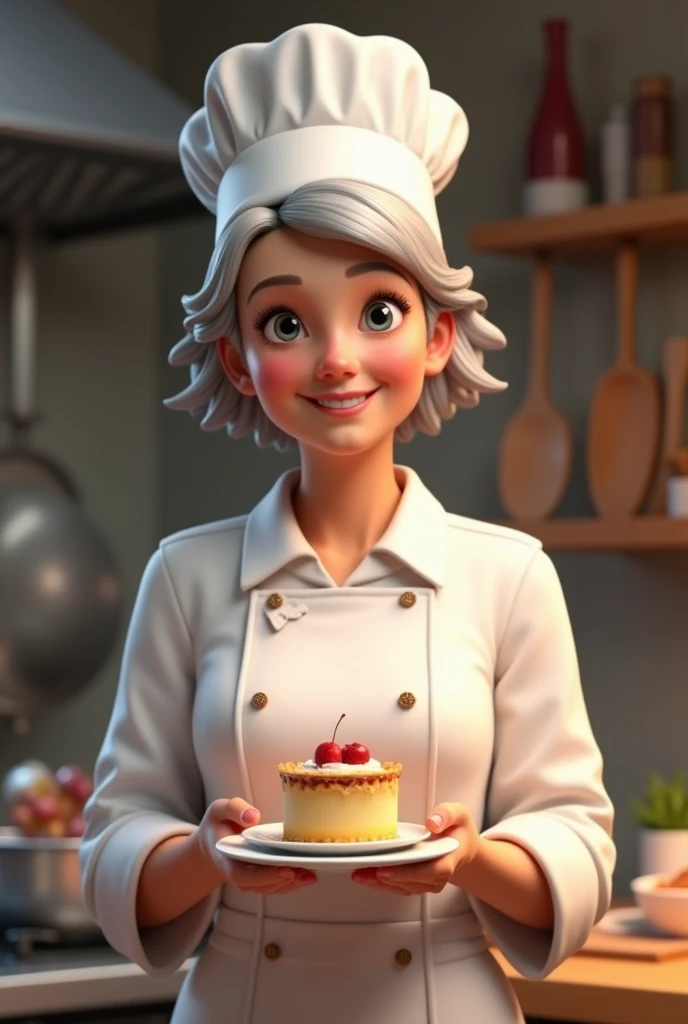 Short grey haired woman in chef outfit and chef hat. Also a dessert in hand. 3D and tender, smiling