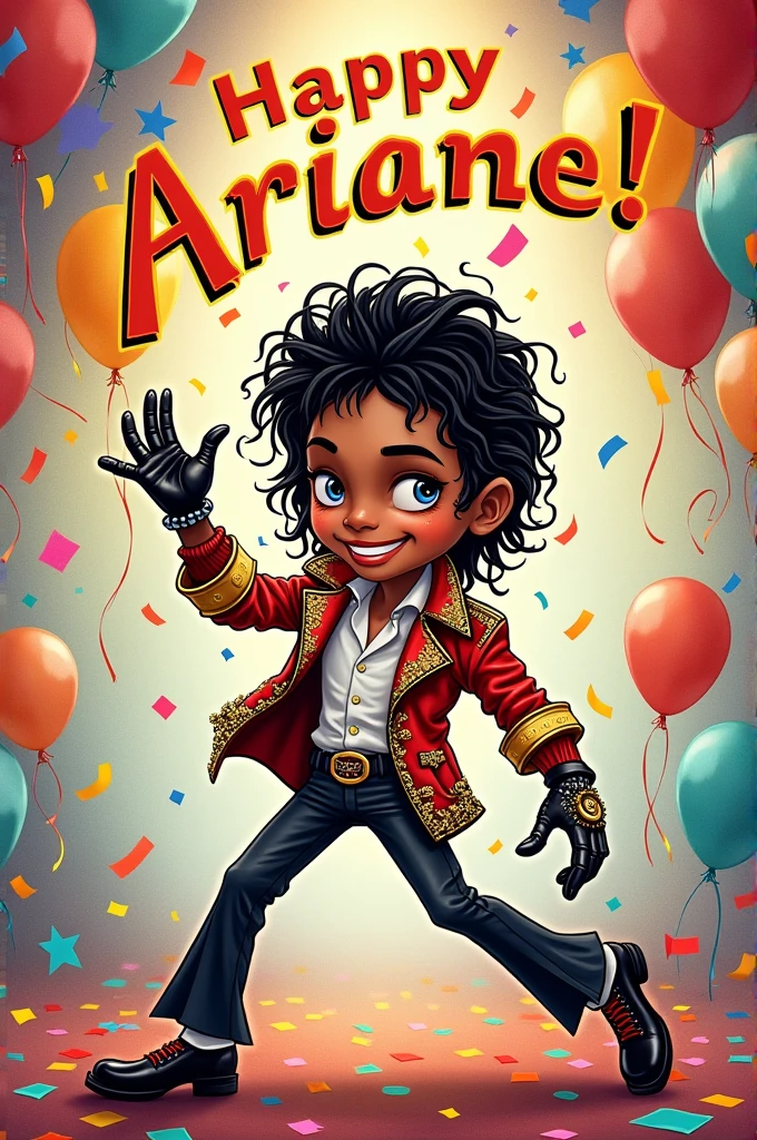 A birthday card full of congratulatory letters with a funny drawing of Michael Jackson, addressed to Ariane in large letters