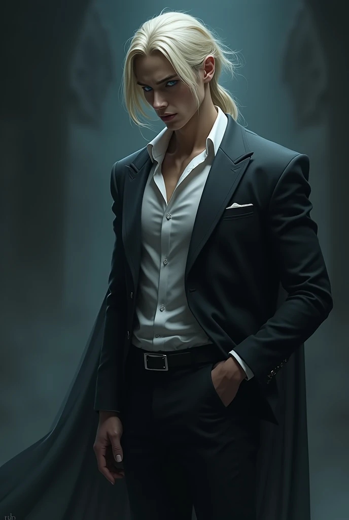 A tall man with white skin, straight blond hair, blue eyes, a sexy, elegant, muscular body, a vampire