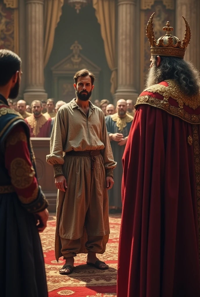 A humble and worried farmer, dressed in simple, worn-out clothes, stands before the king in a grand royal courtroom. The king listens intently to the farmer's plea, while an affluent man, dressed in rich clothing, stands nearby with a smug expression. The court is filled with ministers and guards, and the atmosphere is tense as the farmer describes how the rich man is trying to take his land. The king, looking determined, orders his minister to investigate the matter, showing his commitment to justice.