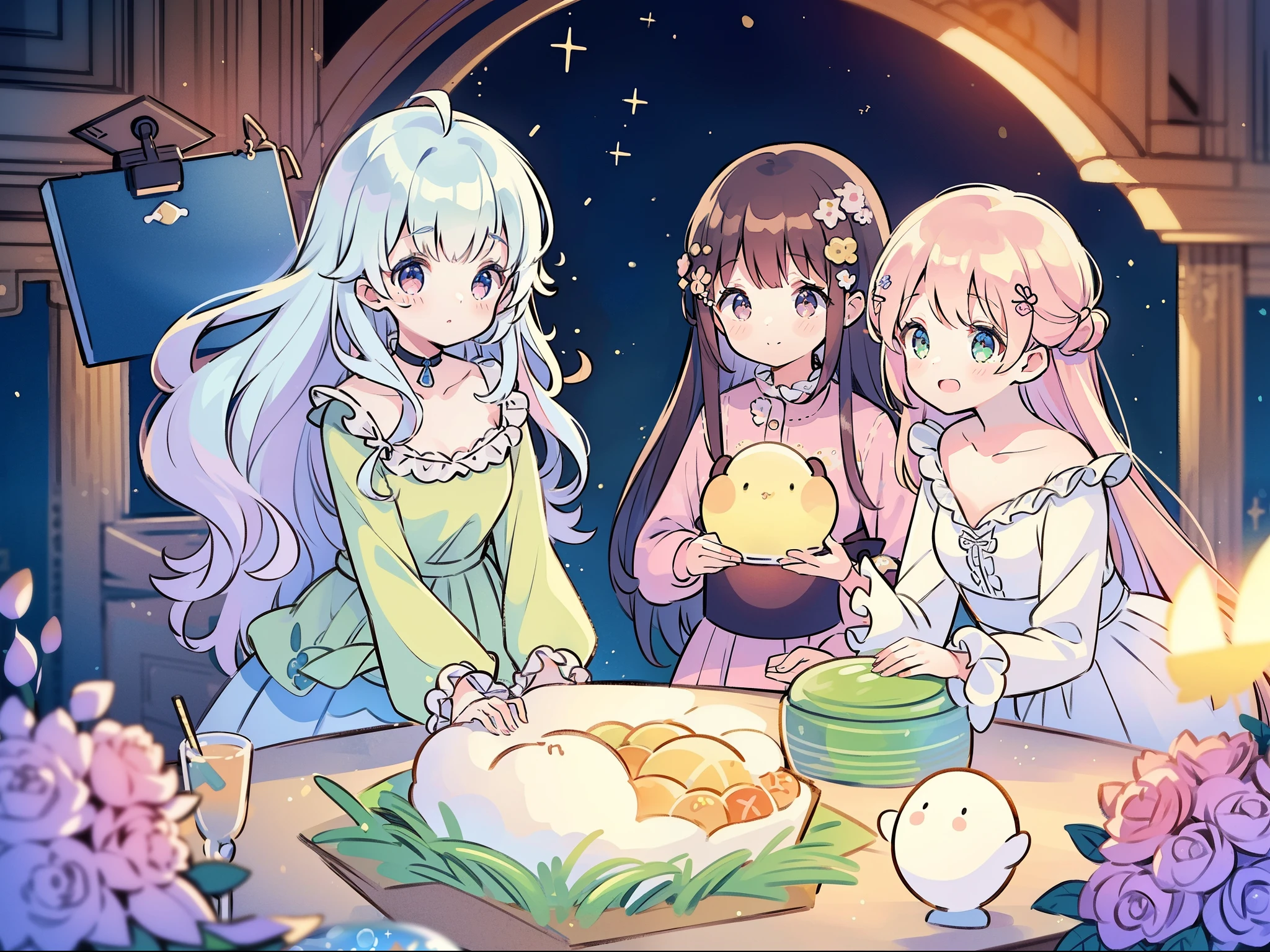 masterpiece, best quality, 8k resolution, sharp focus, intricate detail, beautiful 3girls, sparkling eyes, golden ratio face, otherworldly liquid, watercolor, pastel colors, bright colors, whimsical, colorful, sharp focus, high resolution, fine detail, ((layered tiered puffy long sleeves ballgown)), ((round eyes)), iridescent bubbles, fantasia background