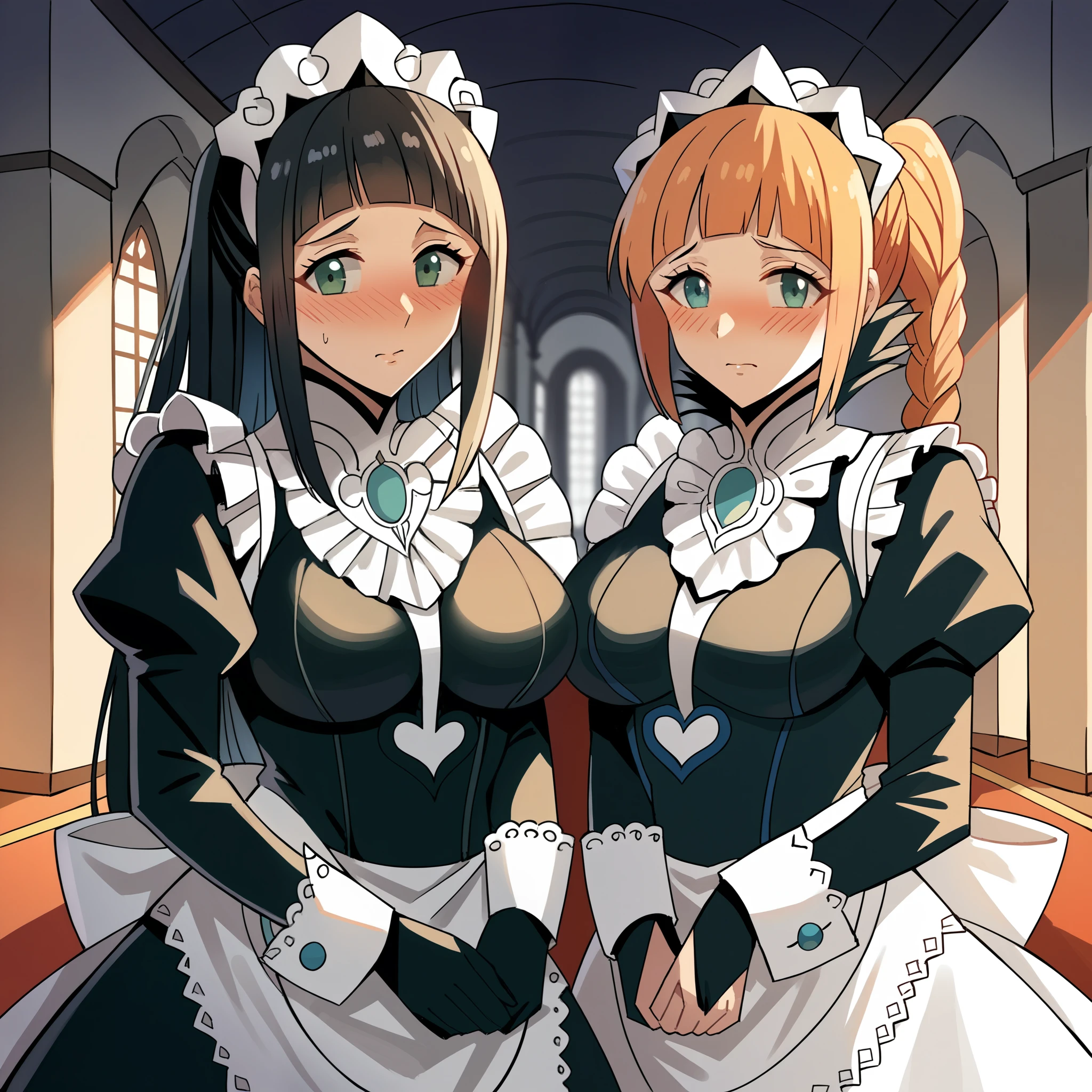 score_9, score_8, score_7_up, BREAK source_anime, 2 girl, duo, felicia fire_emblem_fates, clothed, bob cute, black hair, black-eyes, indoors, by kasumi \(skchkko\), looking at viewer, nohr_maid uniform fire_emblem_fates, braid, maid, black clothing, big large breasts, natural breasts, shy, blushing, hands joined, hallway, red carpet, chandeler, darkness, late night, close-up, half-lenght portrait, next to each others, 