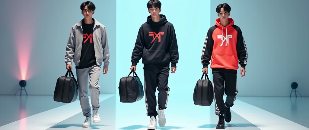 (photorealism:1.2), Three sportwear fashion handsome 18 yrs. old, k pop Asian male model, runway show full body holding sports bag pack, tank top casual wear style, SXR logo design, ultra-detailed, film photography, light leaks, trending on sportwear, sharp focus, studio photo, futuristic details, highly detailed