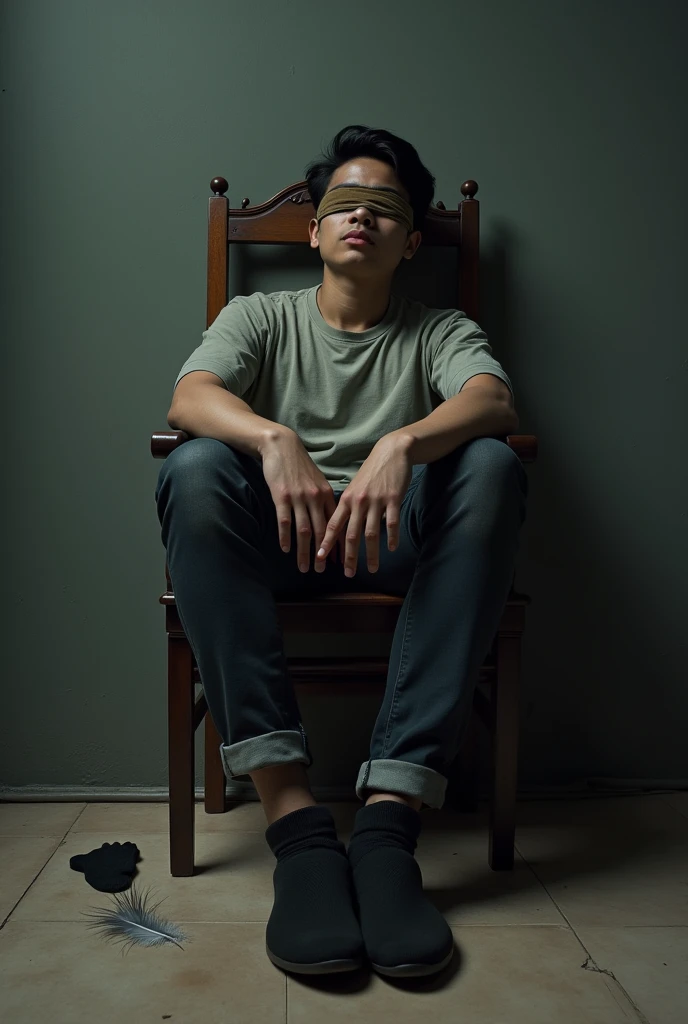 Handsome malay Zarul 19years
Hefainted
Focus 5toefeet
Shoeless
Hand Tied up woodenchair
blindfolded
feather on floor
Pair of Blacksock on floor
