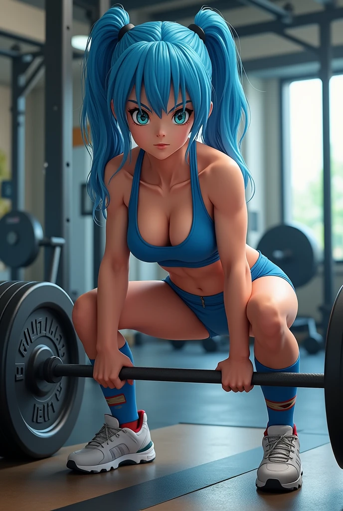 jovem bulma from anime dbz in the gym squatting pose with realistic iron bar high definition showing her ass