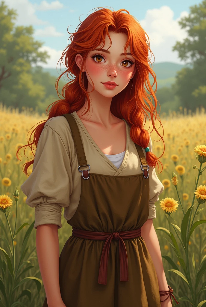 Girl Long, wavy hair with an intense reddish tone, with copper highlights under the sunlight. Her hair is usually up in a messy braid or tied with a simple fabric ribbon, with a few loose strands framing her face. Large, expressive eyes, light brown in color, with a warm glow that reflects his kindness and connection with nature. Her eyelashes are long and dark, giving a touch of sweetness to her look. Skin His skin is light with a hint of pink, slightly tanned by the sun due to the long hours he spends working outdoors. Small freckles can be noticed scattered across her face and shoulders, especially on her nose and cheeks. Face Its face is oval and soft-featured, with rounded cheeks that often turn red from physical exertion. She has full, well-defined lips, with a natural pink color. His nose is small and slightly turned up. Body with a curvy silhouette, with pronounced hips and a strong but feminine figure. Their arms and legs show defined muscles, the result of physical work, but they maintain a delicate appearance. His posture is upright and confident, but with a touch of humility. Wear a simple work dress made of sturdy fabric, such as cotton or linen, in earthy tones such as brown, beige, or olive green. The dress is worn around the edges, a sign of constant use, and is tied around her waist with a brown leather belt. His boots are sturdy, made of dark leather and a little worn, designed to withstand long days in the field. At times, she may be barefoot, showing feet that have known hard work but move with grace. Bring a basket or flowers picked from the field.