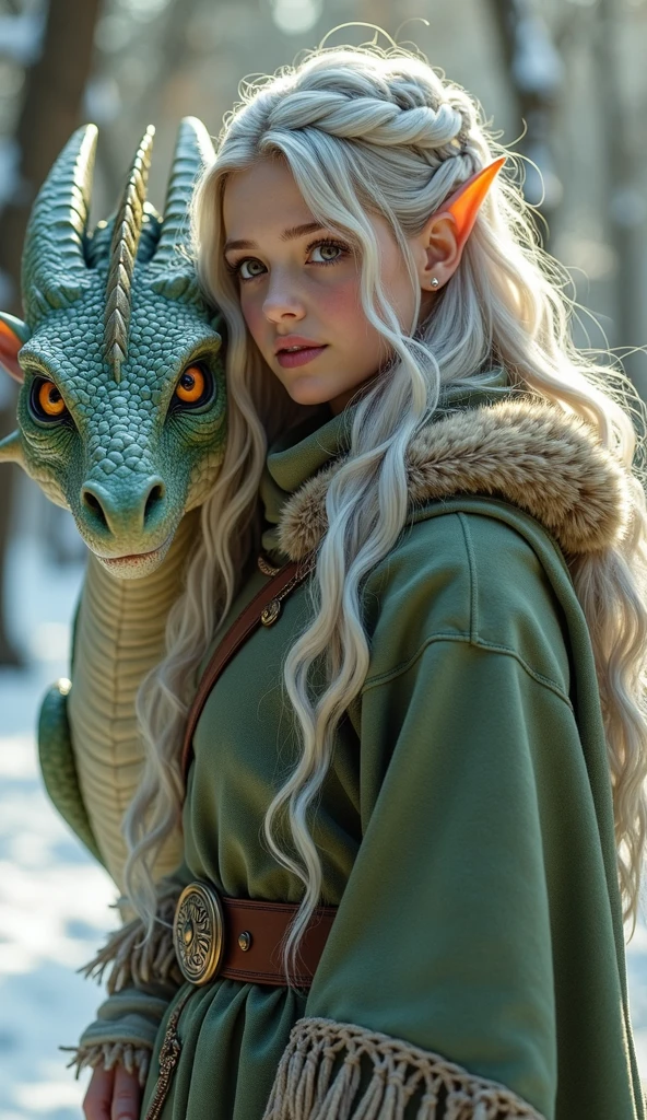 A close-up of the young elf kneeling beside the small dragon, her hand resting gently on the dragon's head. The dragon's eyes glow faintly, showing exhaustion but understanding. The background shows the snowy village square, with villagers watching anxiously, illuminated by the last bit of magical light