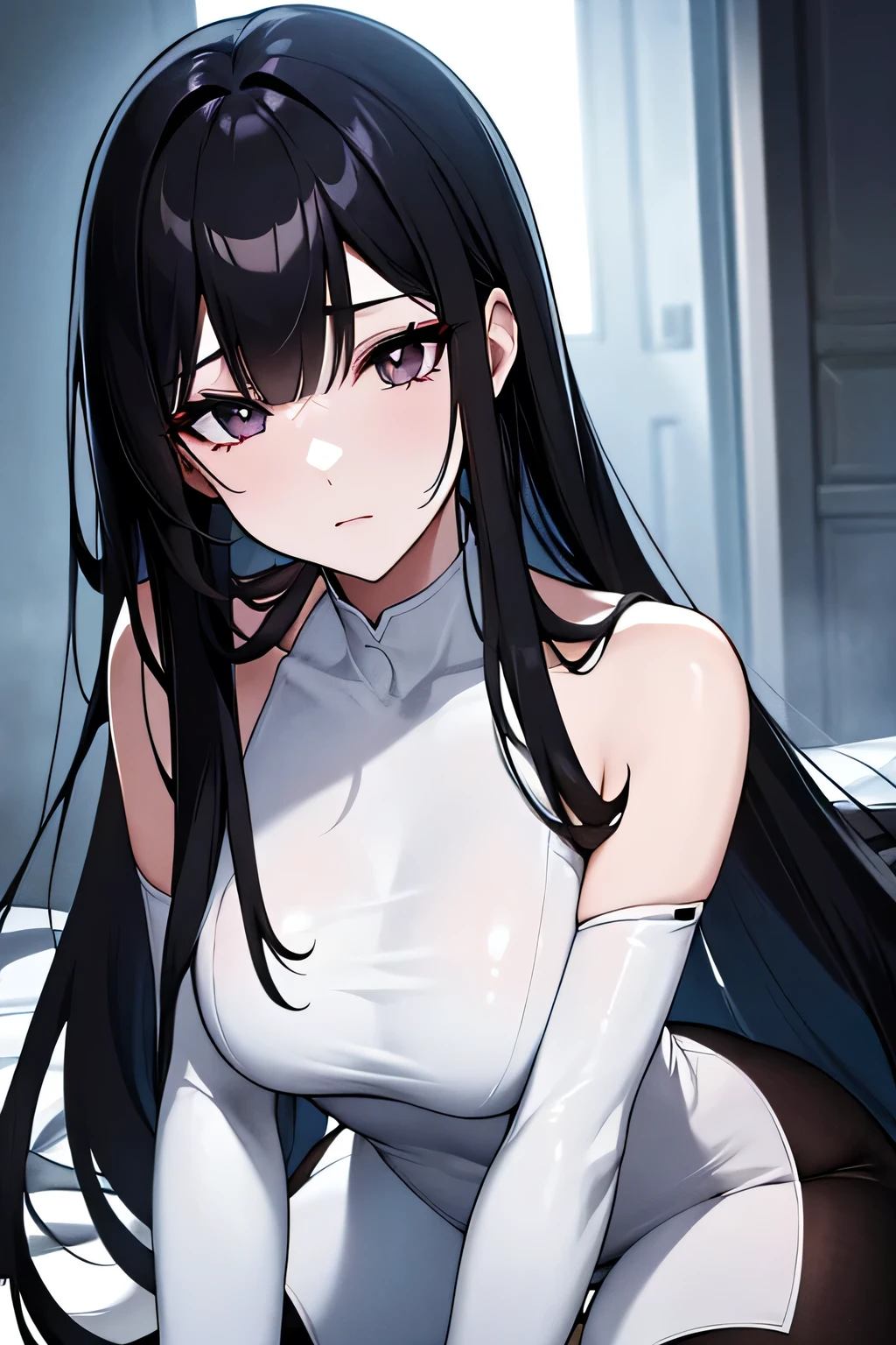 HD32K, HDR, ultra resolution, ultra details, elegant, solo, ethereal effects, smooth, a beautiful woman, slender, mature adult, really long dark hair with bangs, shiny bright black eyes, casual outfit, tights , bare_shoulder, sleeve, emotionless, dead,  beautiful ,pale ,lovely , ,  ethereal lighting, night, shadowy, moonlight,closeup , portrait 