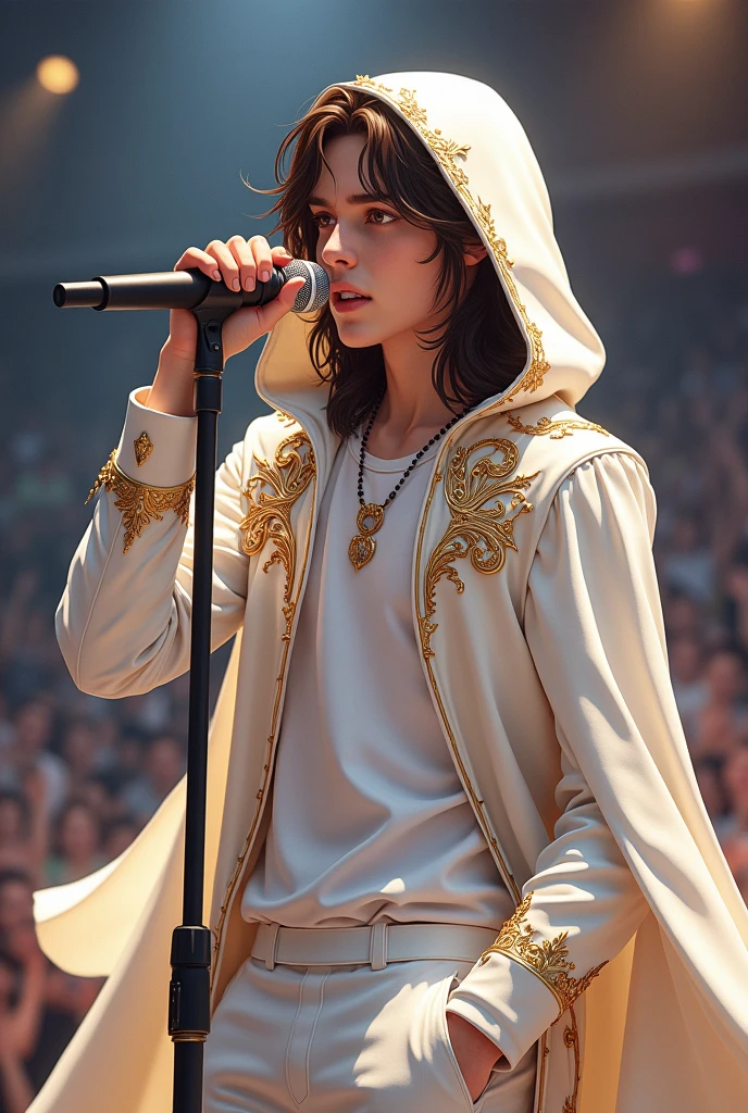 artwork best quality handsome american male teenager long brown hair light skin with white cape and hooded coat on head with gold details white long sleeve shirt and white pants underneath intricate details singing holding a microphone seen from afar at a concert with details uhq 8k
