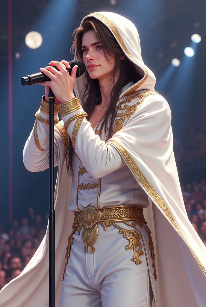 artwork best quality handsome american male teenager long brown hair light skin with white cape and hooded coat on head with gold details white long sleeve shirt and white pants underneath intricate details singing holding a microphone seen from afar at a concert with details uhq 8k