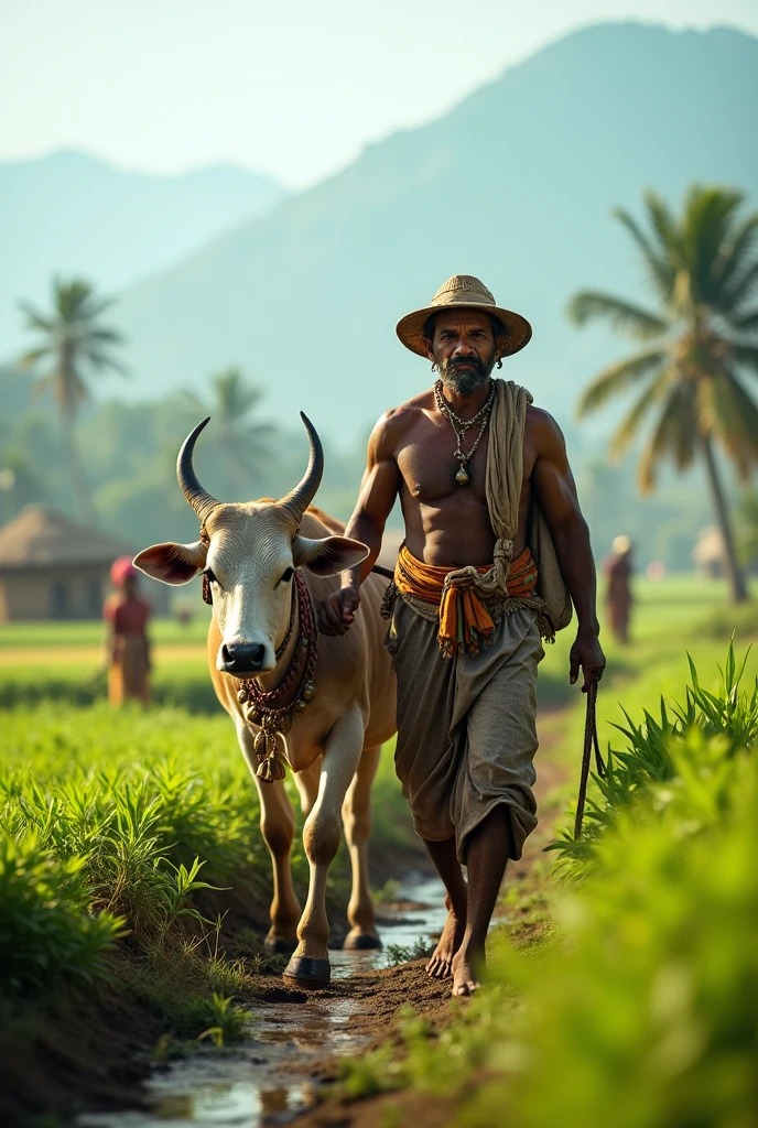 A main in india working in the farm to his ox