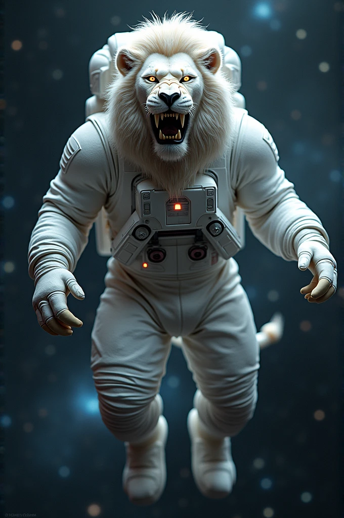 Lion in white glossy  astronaut costume in space with scary face