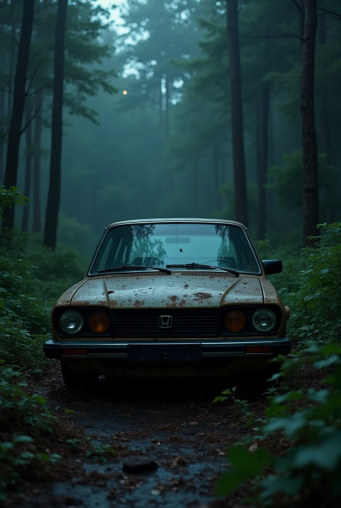 Car honda , rusty , forest , night, ants , rain , dark