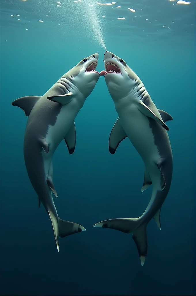 2 female sharks, huge boobies, licking 1 man's penis