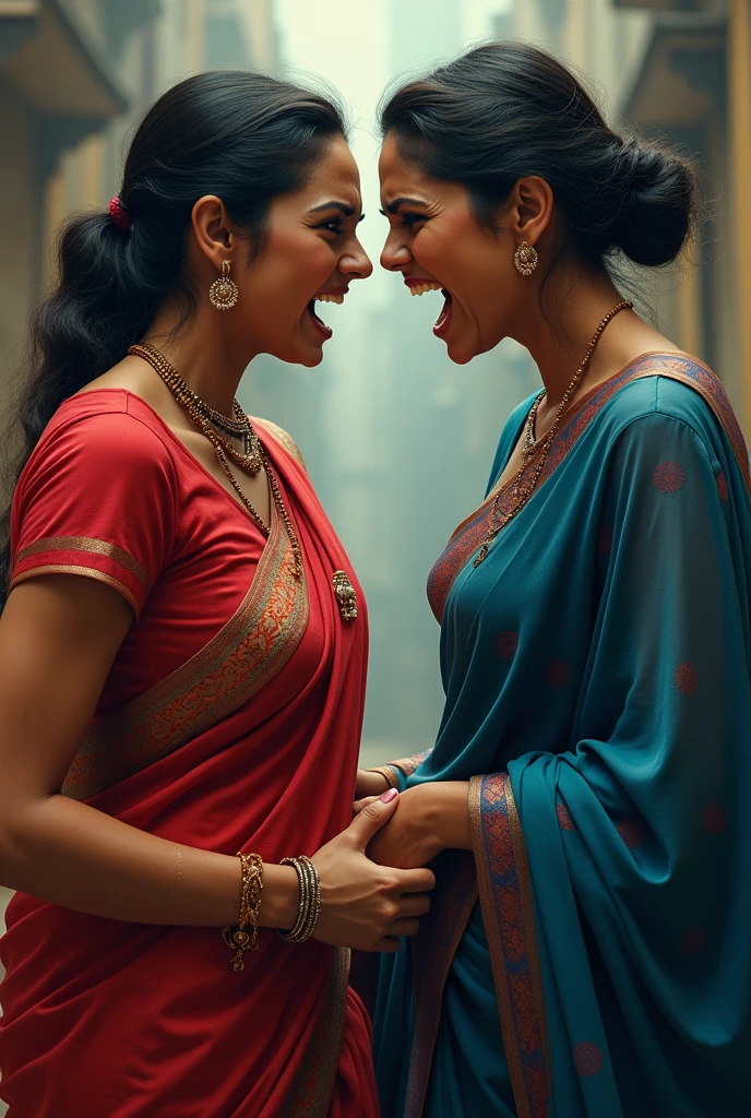 Two wives one in red saree and matching small sleeve blouse and another woman in blue saree and small sleeve blouse having a fight with anger and hatred visible in face of both women