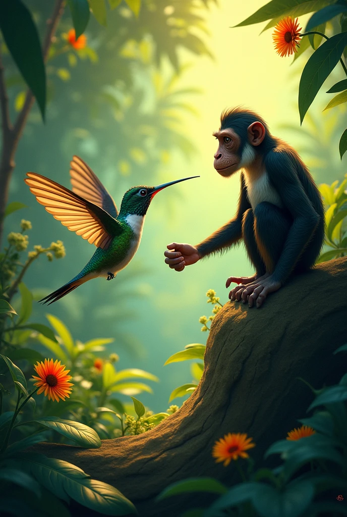 Page 1:
In the heart of the Panamanian jungle, There lived two very different animals: Hummingbird, a fast and agile hummingbird, and Roco, a strong and proud monkey. Hummingbird volaba incansablemente, looking for the sweetest flowers to share the nectar with other animals. Roco, instead, He trusted in his strength and preferred to fend for himself., Finding the best fruits high up in the trees.
Although their paths rarely crossed, They were both about to face a challenge that would change their lives.. An unexpected drought began to dry the flowers and wither the fruits.. As the jungle became more inhospitable, Hummingbird and Roco descubrirían que, Sometimes, True strength is not measured only by what one can do alone, but for what can be achieved by working as a team.