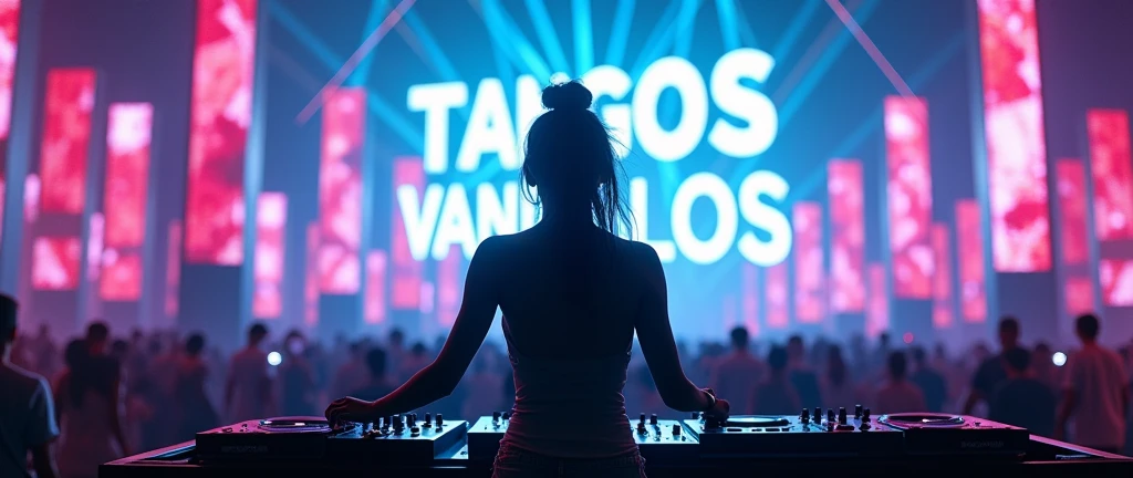 Futuristic female DJ seen from behind at an electronic music festival. visible under neon lights. The crowd dances below with lasers and digital screens in the background. Add a bold, blue neon "Tangos Vandalos" sign in the scene.