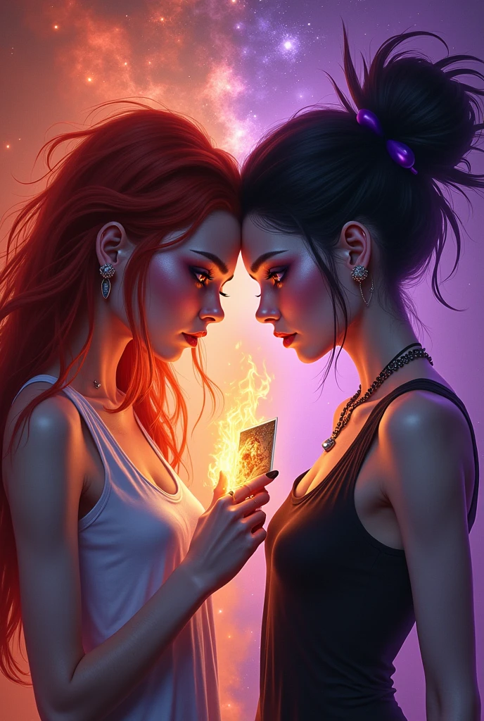  evanescence with red hair with brown eyes and piercings wearing a white tank burning a Polaroid daenerys with purple eyes and black hair and purple space buns with dark circles under her eyes and piercings 