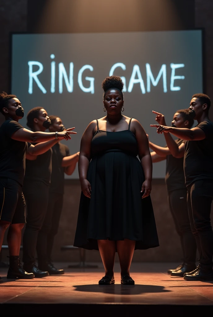 A black woman in a play on stage chubby with her l hair in a low bun  in a black  dress acting shocked while 5 black people in black clothes on stage point at her with their mouth covered while the  audience is around them with the words RING GAME on the screen 