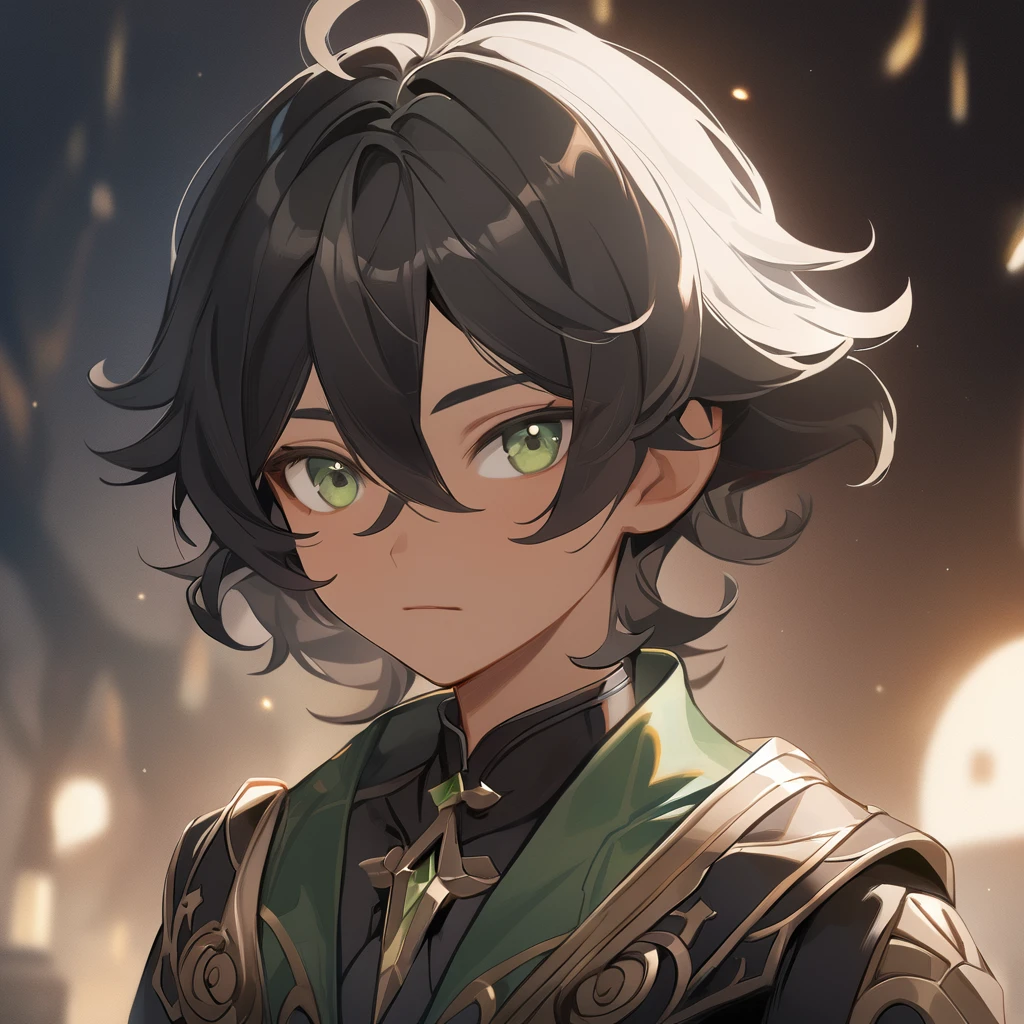 genshin impact art, bust and face image in focus, perfect image, maximum quality, detailed, male, young boy, short and curly hair, black hair, brown skin, green eyes, green clothes