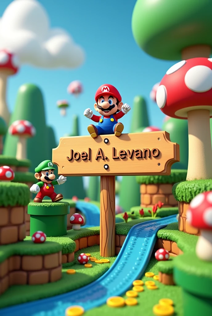 Mario Bros background with the name Joel A. Levano in 3d