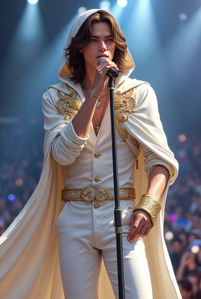 artwork best quality handsome american male teenager long brown hair light skin with white cape and hooded coat on head with gold details white long sleeve shirt and white pants underneath intricate details singing holding a microphone seen from afar at a concert with details uhq 8k