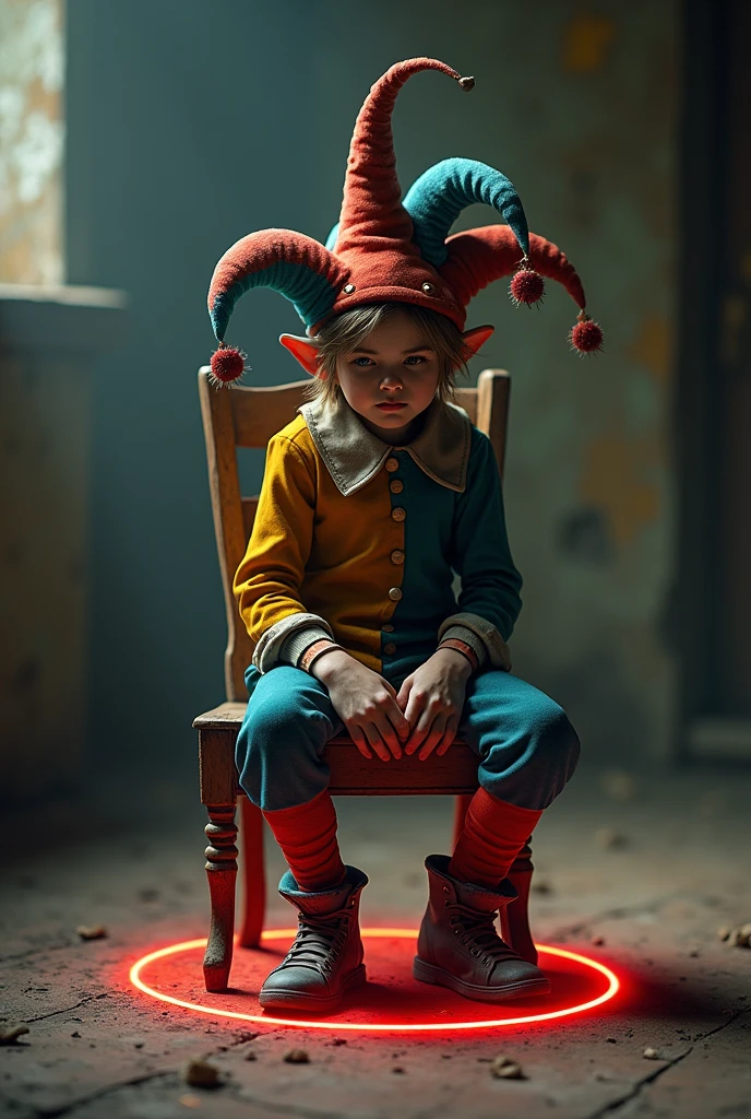 jester, Scrawny, with empty look, short guy with slightly torn clothes, with a colorful hat and he is sitting on an old wooden chair in an empty room while looking at the floor with a magic red circle underneath him, he doesn&#39;t have pointy ears and he&#39;s not an old man but a young adult