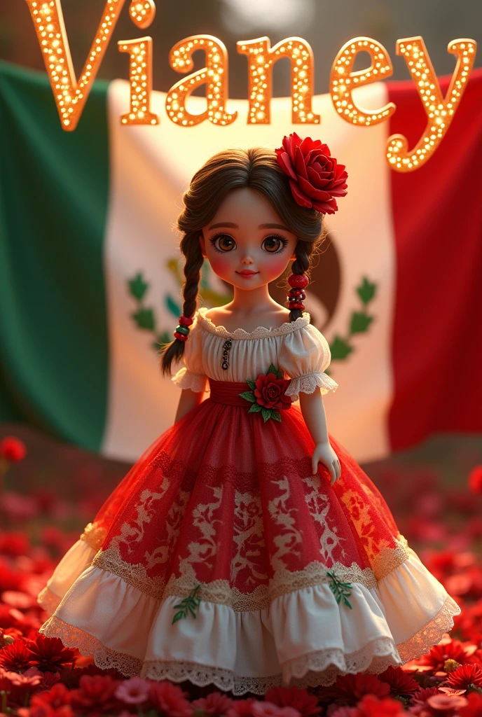 A mesmerizing 3D anime-style illustration of a captivating doll named Vianey. Vianey is dressed in an exquisite red, white, and green gauze gown. The gown is adorned with intricate flower designs, evoking the essence of traditional Mexican clothing. Patricia's brown hair is styled with braids and beads in the same colors, framing her radiant smile and alluring brown eyes. She gracefully stands to the right of the Mexican flag, surrounded by iconic Mexican decorations that celebrate the rich culture. The illuminated lettering of her name, "Vianey," is displayed in bold silver-gold letters, with an elegant font. In a magical touch, the doll transforms the flower-covered landscape into an enchanting fiesta, embodying the vibrant colors and spirit of Mexican celebrations. The cinematic background features a blend of red.