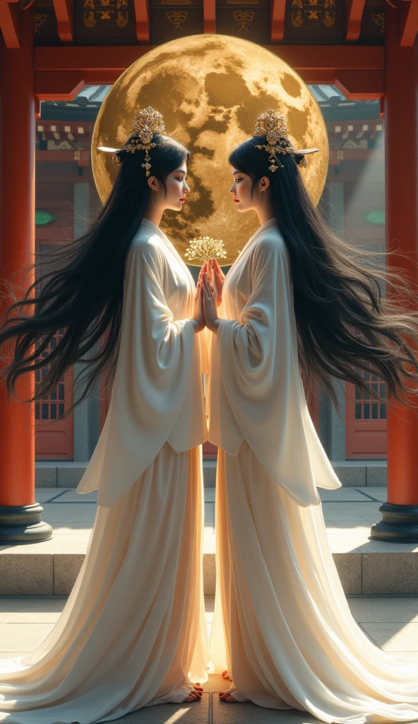Realistic photos, Beautiful Japanese Goddess Sisters, Sun Goddess Amaterasu and Moon Goddess Tsukuyomi, Both have black hair, whole body, With a shrine in the background