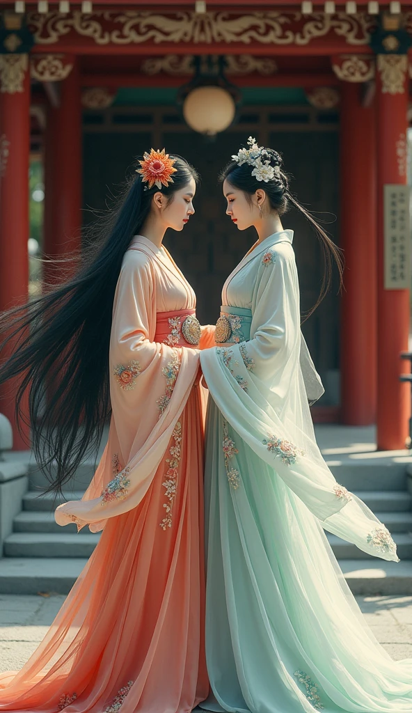 Two women feeding each other on a bench,Chinese style dress,Black and white and blue and green