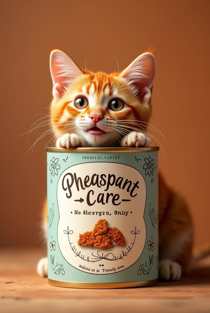 Can you make me a can of cat food? ,Also add the name which is Pheasant-care and the slogan which is: “NO ALLERGIES,only Meow-ravillas”