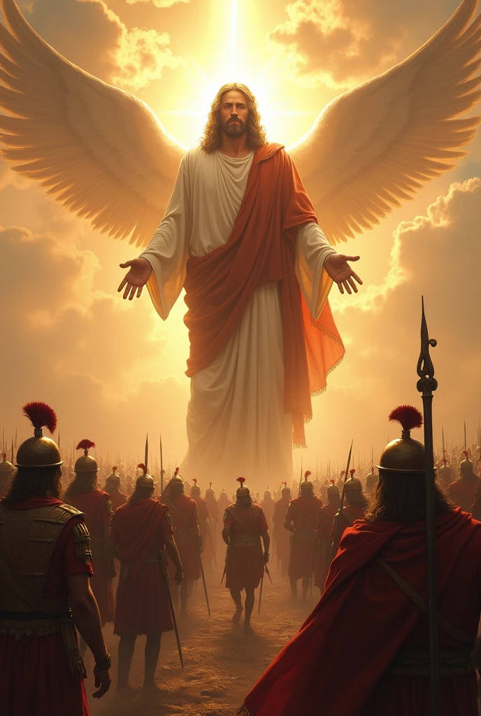 Jesus Christ Almighty among the Roman exercises on a battlefield where the sun's rays illuminate the scene and the Roman army is afraid of the power of Jesus